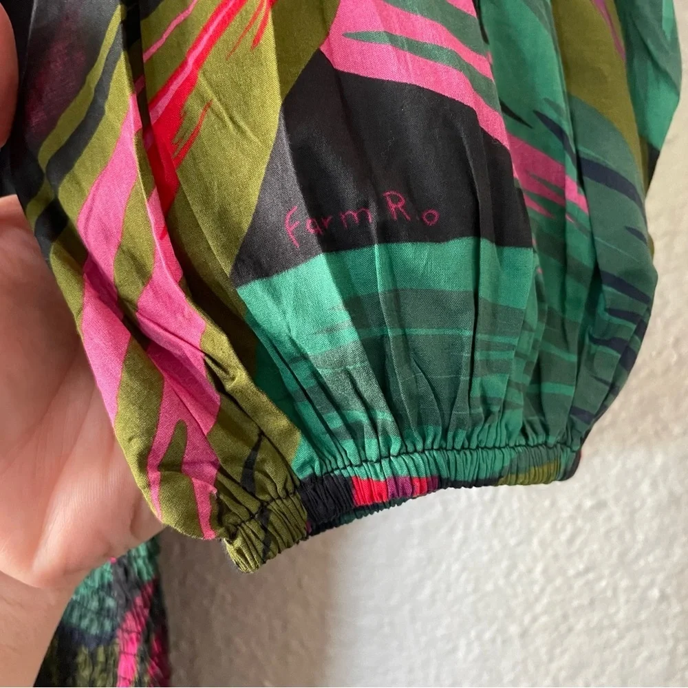 FARM Rio Midnight Leaves Mini Dress Women’s S Smocked Ruffle Puff Sleeve Cotton - Picture 7 of 16